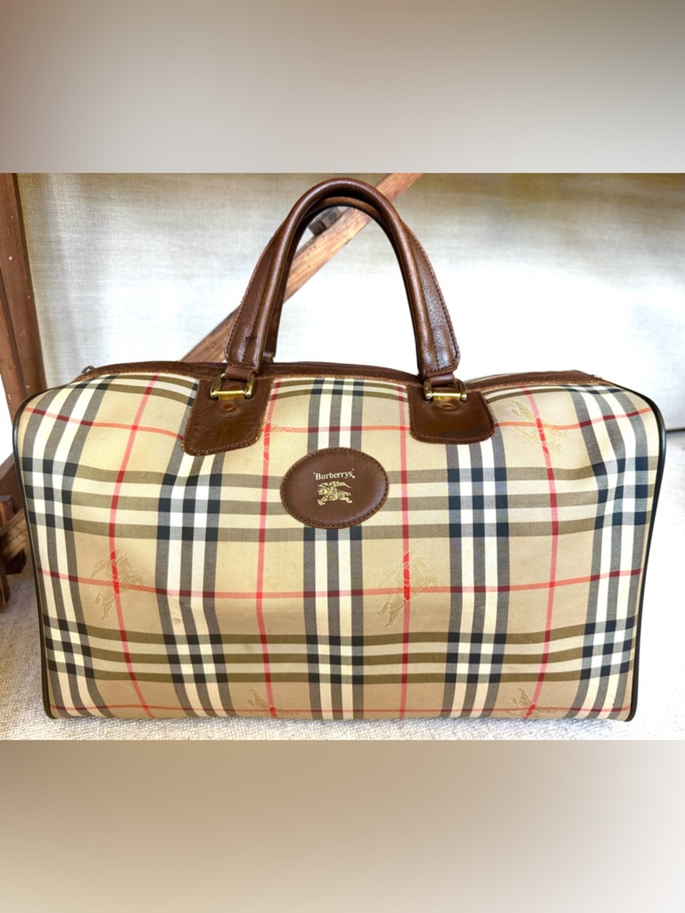 BURBERRYS Vintage Nova Check Travel Duffel Leather Lined Bag EUC